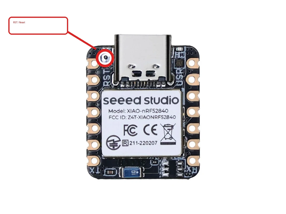 XIAO nRF52840 USB-C 左侧的 Reset 按钮红圈标注图